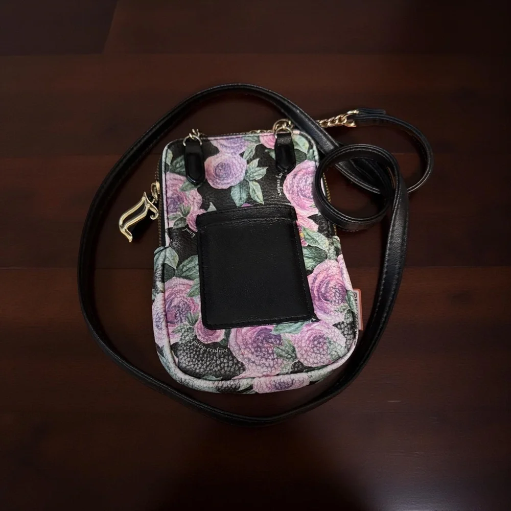 Juicy Couture Black & Pink Floral Long Crossbody Bag EUC